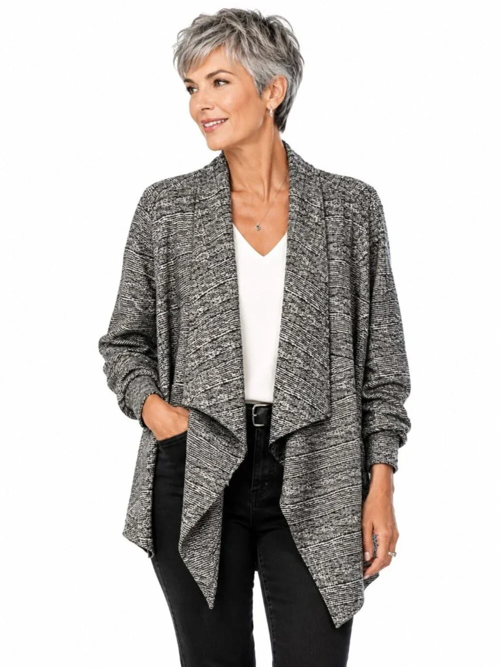 Karen Kane B&W Shawl Collar Crepe Knit Open Jacket